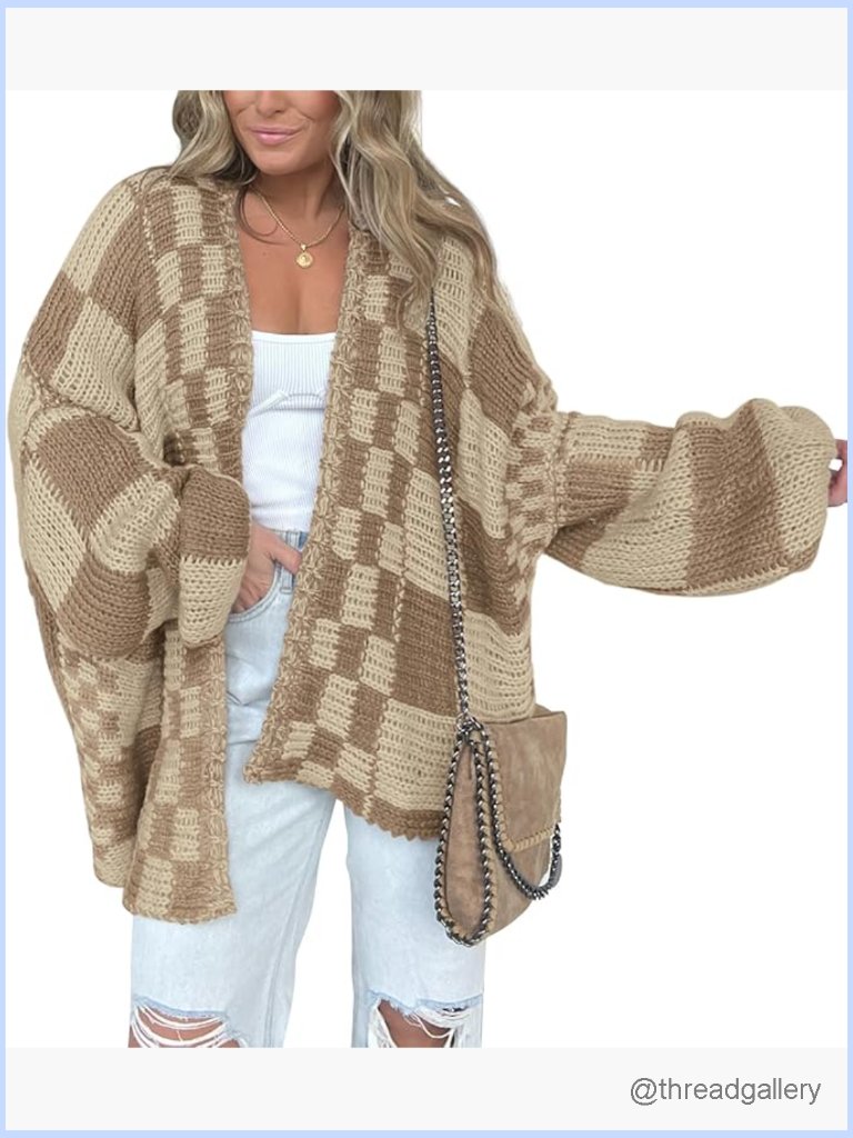 Open Front Chunky Knit Checkered Cardigan Sweater For Women